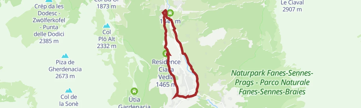 Route map: Walk from La Villa to the Lech da Sompunt Lake